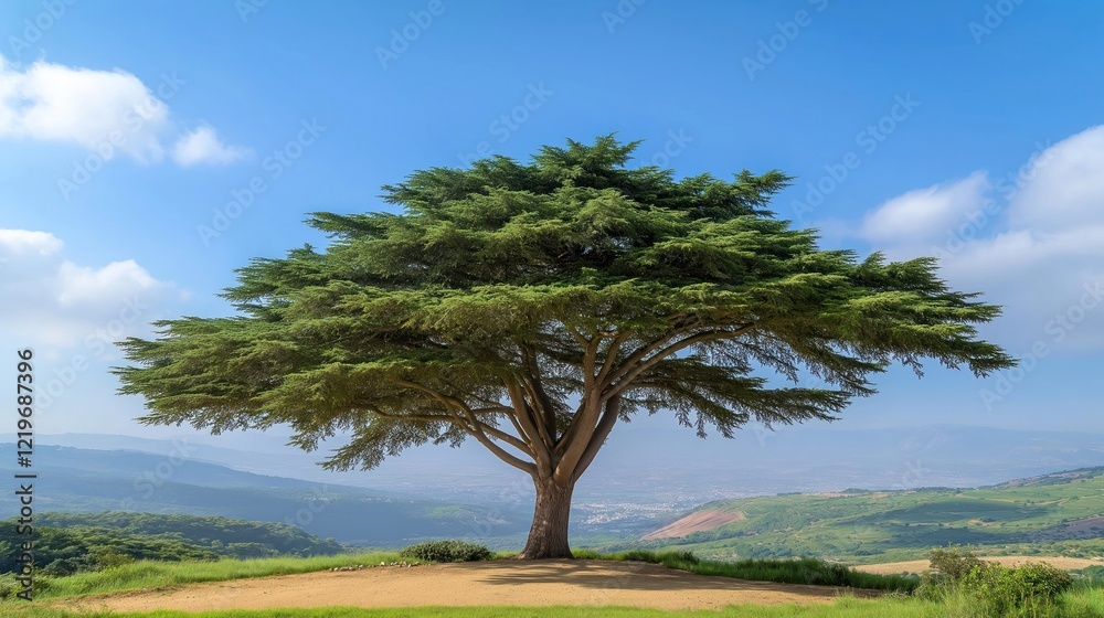 Fototapeta premium Majestic cedar of Lebanon tree stands tall with spreading branches embracing sky. Rich green foliage in tranquil outdoor scenery. Scenic view from elevated hilltop. Calm, dignified tree. Picturesque