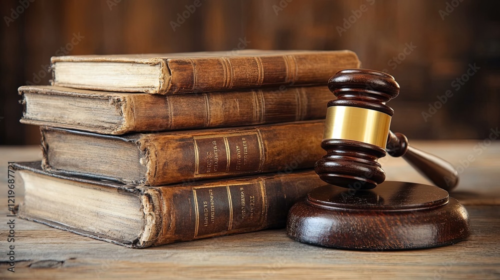 Law books stacked on a wooden desk with a gavel beside them, concept of legal justice and knowledge 