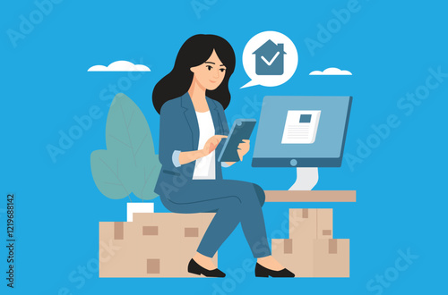 Happy small business owner receives an online order on her computer. E-commerce, entrepreneurship, and online retail concept. Parcel ready.