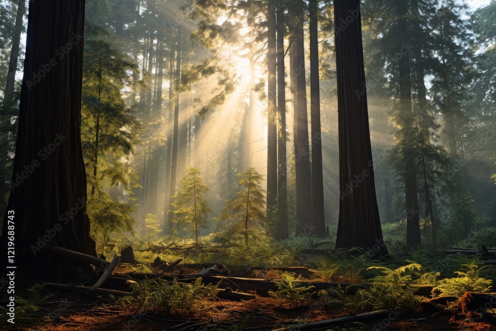 Obraz premium Sunbeams filter through towering trees in a serene forest landscape. Generative AI