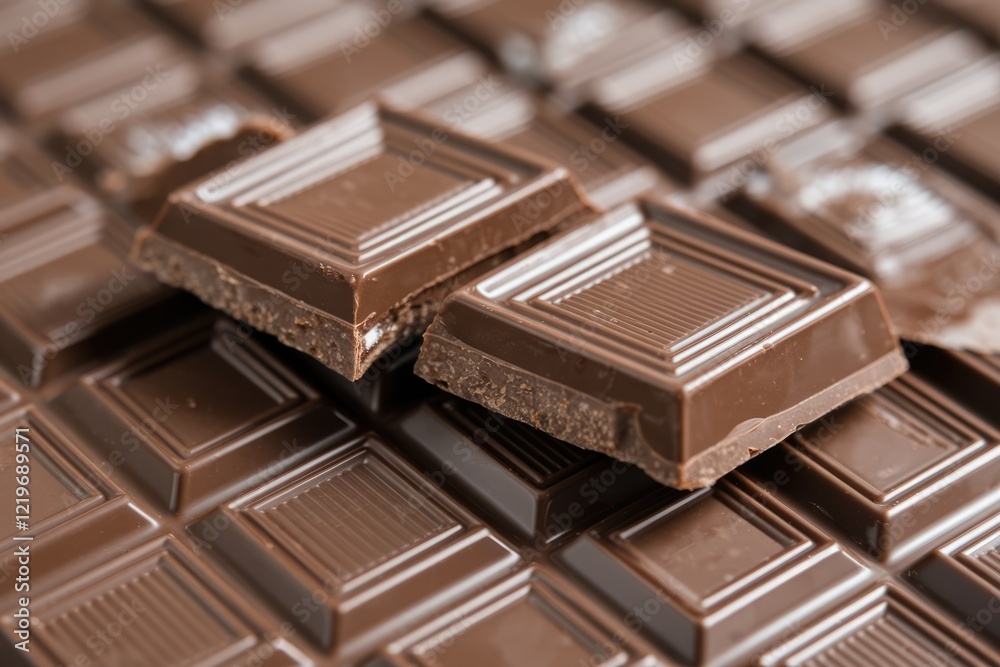 Close-up of two broken pieces of dark chocolate squares resting on a larger chocolate bar. Close-up of two broken pieces of dark chocolate squares resting on a larger chocolate bar.