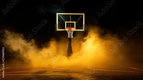 Illuminated Basketball Hoop Surrounded by Golden Fog at Night
