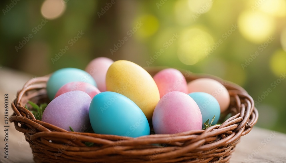 Colorful Easter eggs in a wicker basket with blurred green background Colorful Easter eggs in a wicker basket with blurred green background