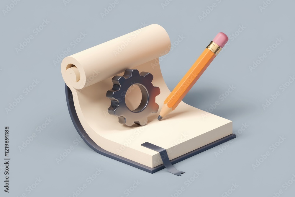 A notepad with a gear and pencil symbolizes planning, problem-solving, and creative engineering solutions. A notepad with a gear and pencil symbolizes planning, problem-solving, and creative engineering solutions.