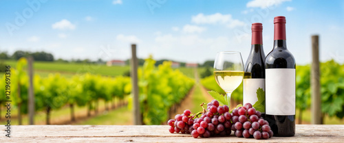 Symbolic display of wine bottles and grape clusters on rustic table, vineyard