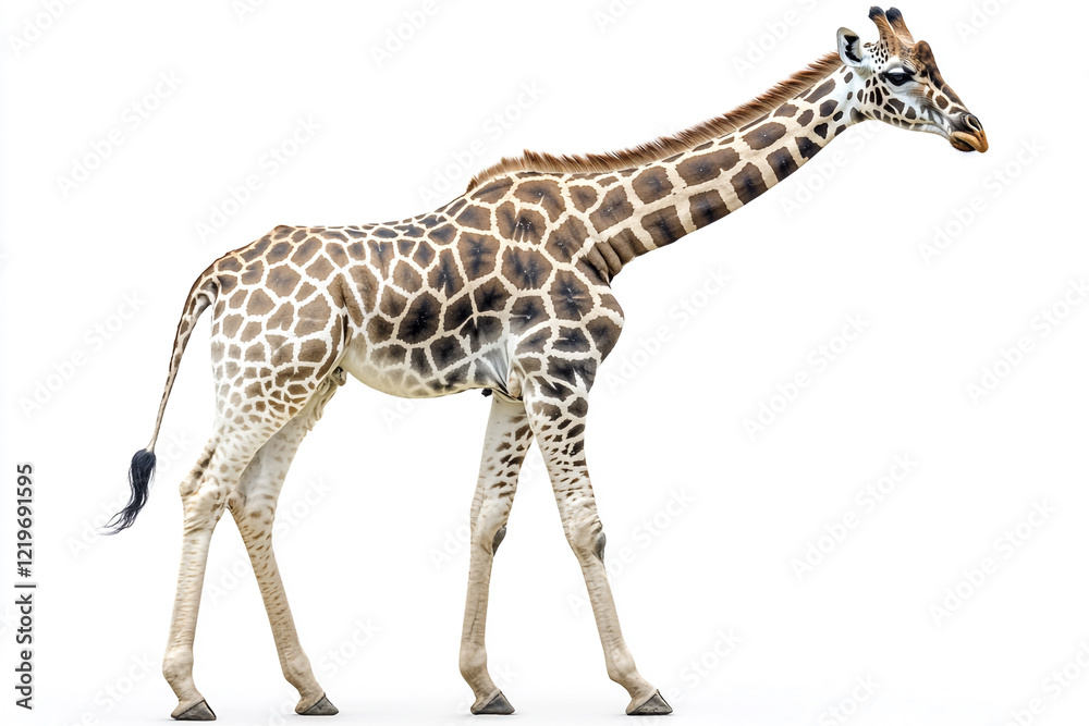 Naklejka premium A young giraffe stands isolated on a white background