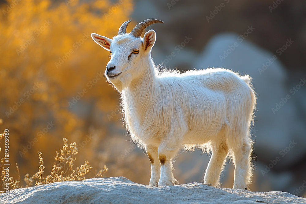 Young White Goat Stands on Rock Against Autumn Background Young White Goat Stands on Rock Against Autumn Background