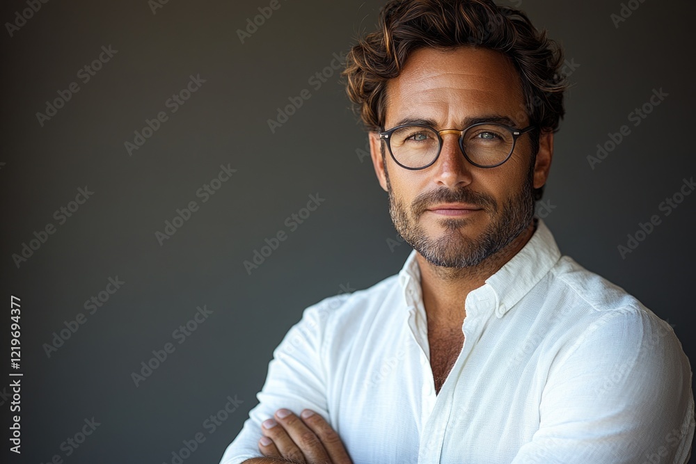 Obraz premium A man wearing glasses and a white shirt, suitable for business or office use