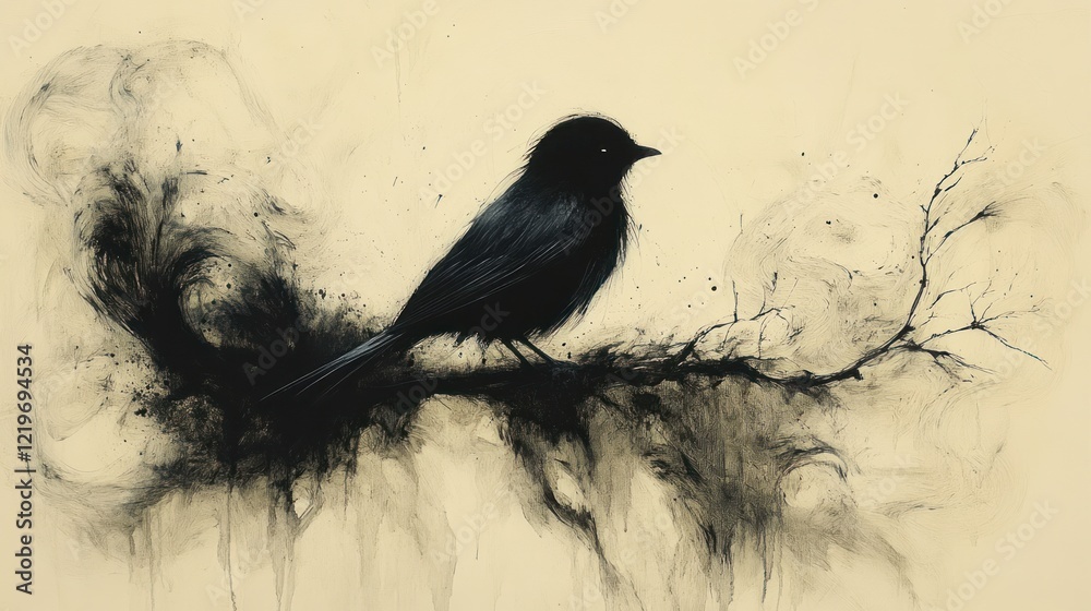 Fototapeta premium Black bird perched on branch, abstract background.