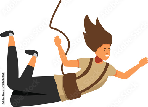 Young woman with bungee equipment falling through the air, enjoying extreme sport and feeling freedom