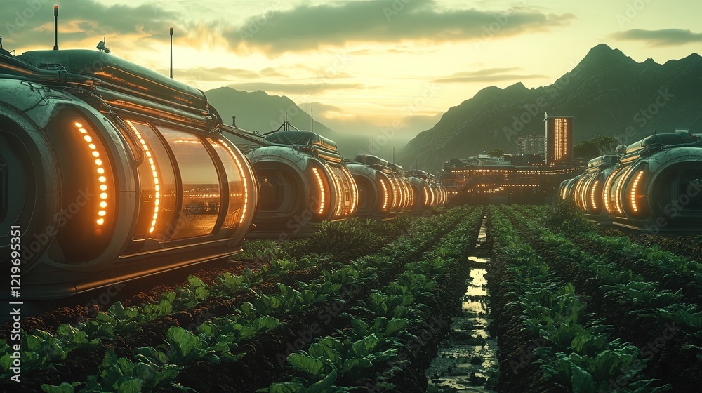 Futuristic farm with automated glowing equipment illuminating lush green fields at dusk Futuristic farm with automated glowing equipment illuminating lush green fields at dusk
