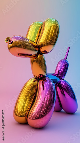 Iridescent neon shiny classic balloon dog. Rainbow holographic bubble animal isolated on light pink background. 3d element for banner. Hologram Foil Aesthetic. Trendy creative gradient