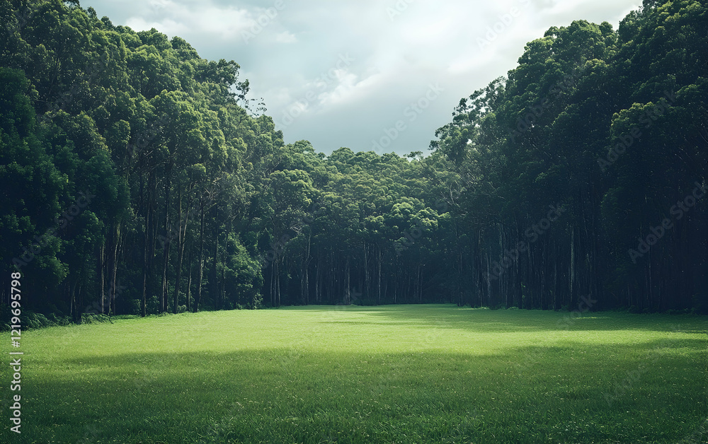 Naklejka premium Lush green field bordered by tall trees, providing a clean and open space perfect for creative designs or messages