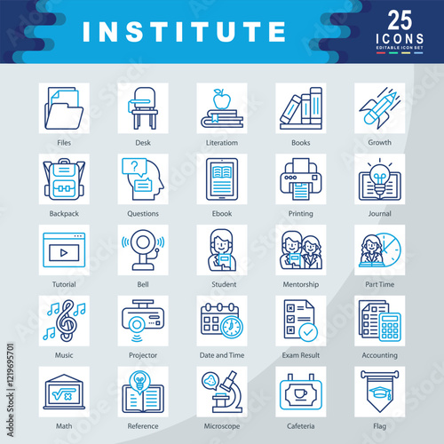 Institute icon set with Mentorship, Tutorial, Journal, Student, Microscope, Literation, Files, Math, Flag, Printing icon. Simple color outline vector