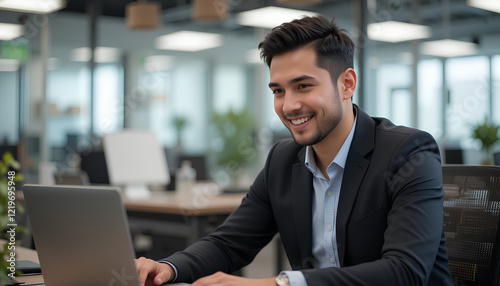 Un empleado hombre en una oficina, sonriendo mientras mira fijamente un monitor. photo