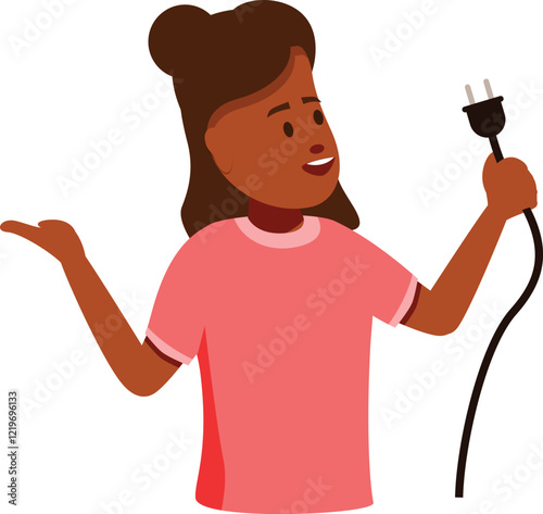 Curious girl showing electrical plug and explaining electricity concept, promoting electrical safety and education for children