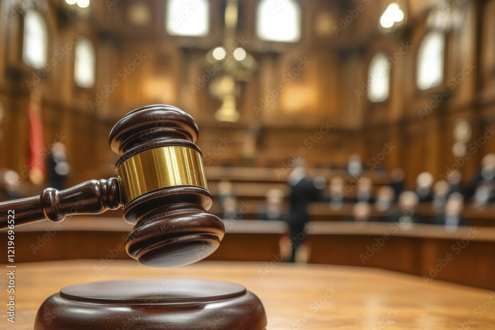 Judicial decision making concept with gavel on judge's desk in courtroom Judicial decision making concept with gavel on judge's desk in courtroom