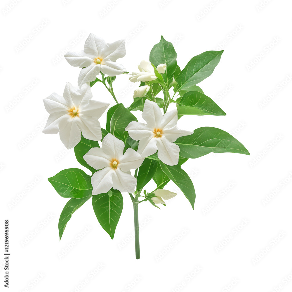 White Flower Branch with Green Leaves Isolated on Transparent Background White Flower Branch with Green Leaves Isolated on Transparent Background
