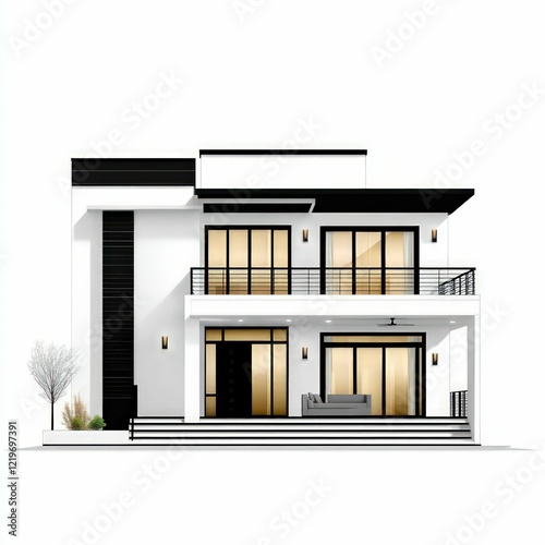 A minimalist black-and-white architectural elevation of a modern suburban home, blending symmetry with contemporary design and a bold contrast.