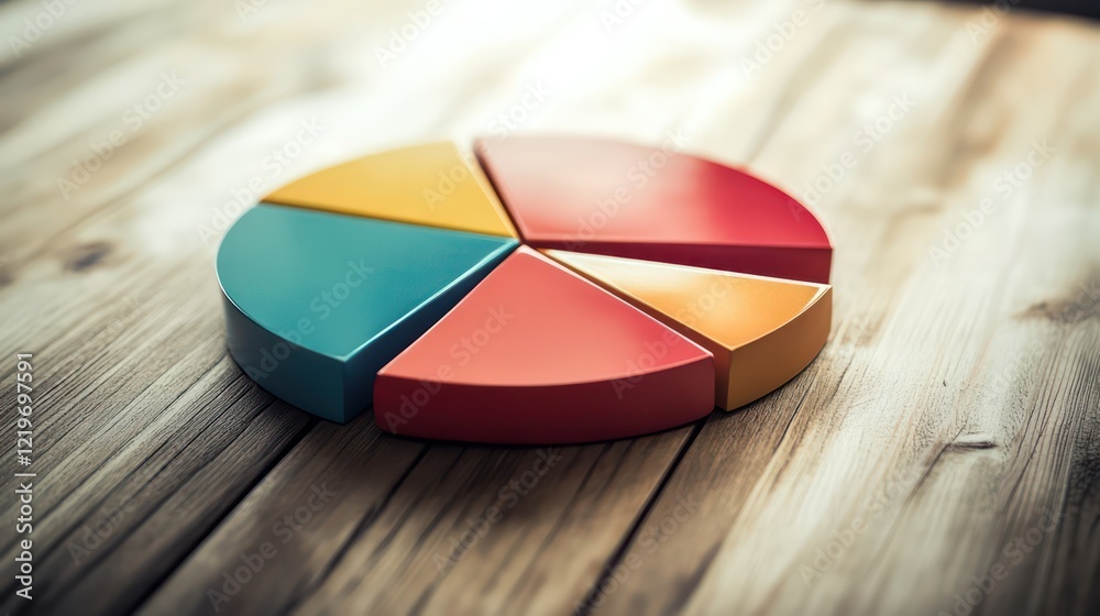 Fototapeta premium Colorful 3D Pie Chart on Wooden Surface: Data Visualization Concept