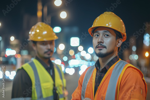 Migrant worker bidding farewell to colleagues at night construction site photo