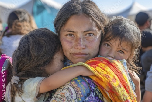 Overwhelmed migrant woman with children at border camp during humanitarian crisis