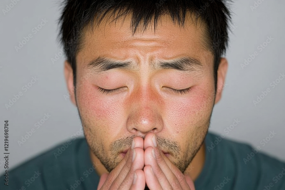 A man with a red face is praying A man with a red face is praying