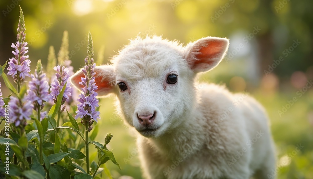 Fototapeta premium Cute lamb among purple flowers in a sunny meadow