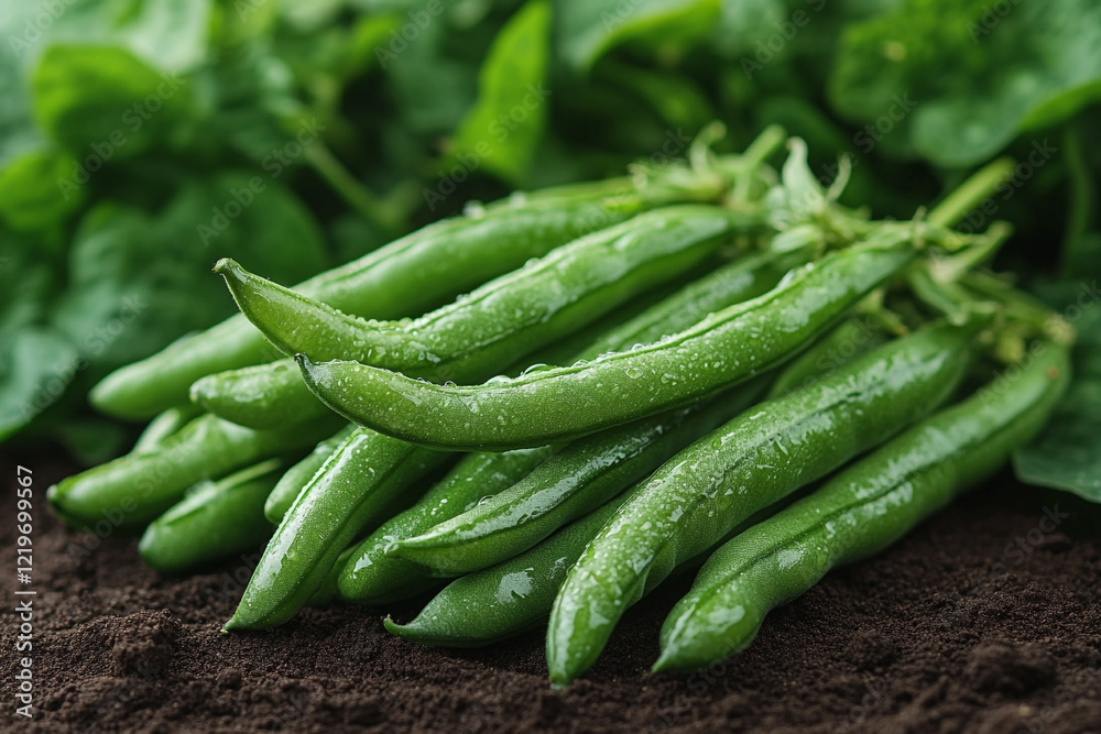 Fresh Green Beans Resting On Dark Soil Fresh Green Beans Resting On Dark Soil