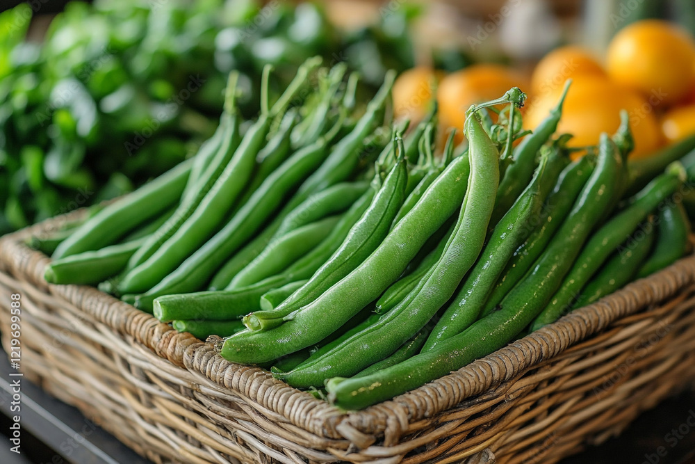Fresh Green Beans In A Wicker Basket At The Market Fresh Green Beans In A Wicker Basket At The Market