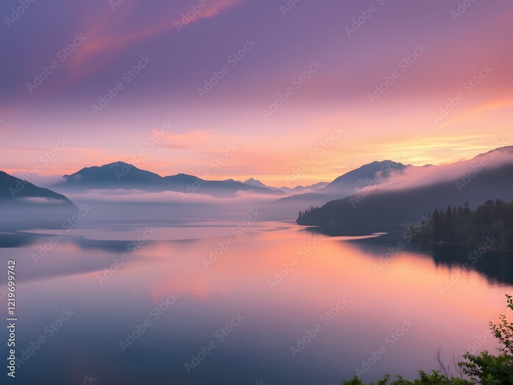 Fototapeta premium Serene Sunrise Misty Mountain Lake Landscape