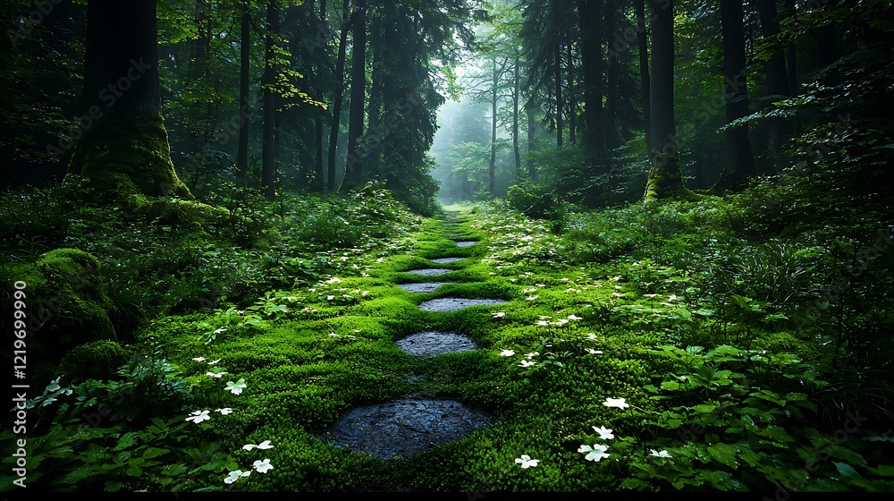 Fototapeta premium Mystical forest path, mossy stones, morning mist, nature serenity, meditation background