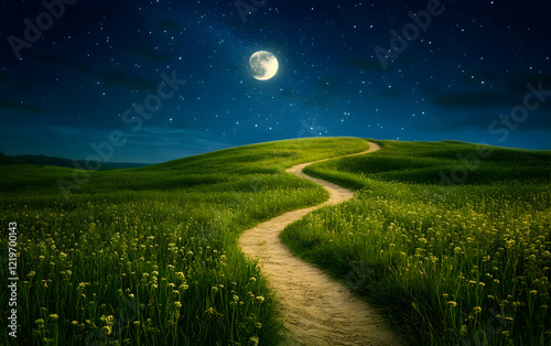 Moonlit pathway winding through a lush green field under a star-filled sky, creating a tranquil and reflective atmosphere