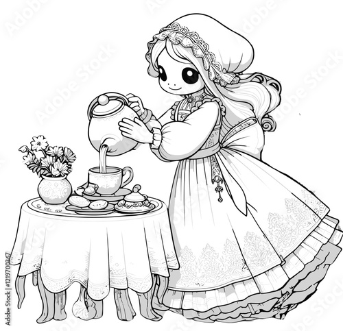 Young girl pouring tea at a table, black and white vintage-style illustration with floral details