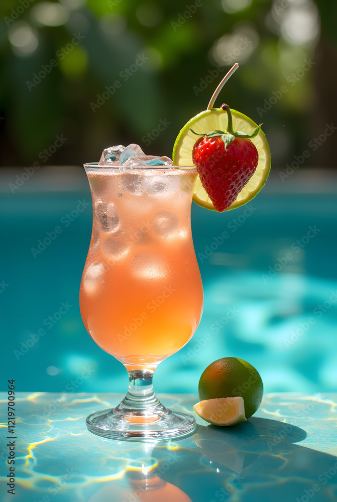 Obraz premium A vibrant summer poolside cocktail garnished with strawberries and lime against a tropical backdrop, conveying an atmosphere of relaxation and freshness.