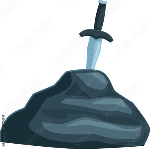Cartoon style sharp dagger stuck in grey stone, isolated on white background