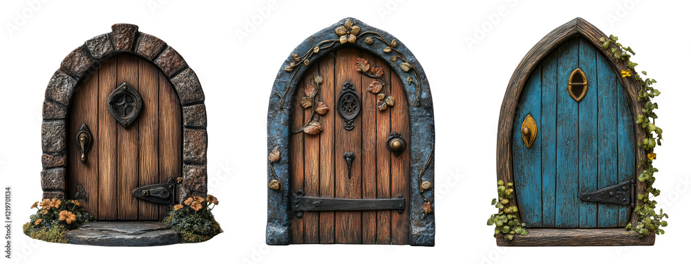 Fototapeta premium Three distinct fantasy doors with unique designs and textures on a transparent background
