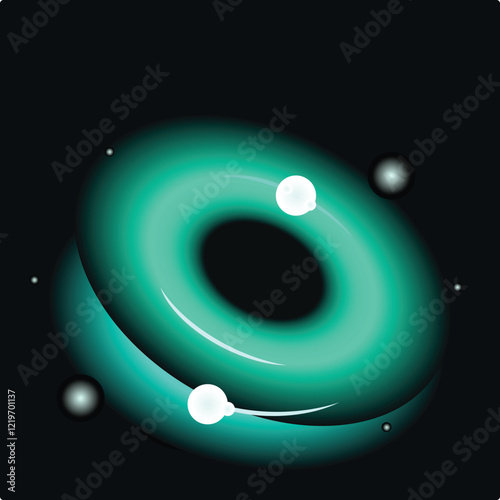 Turquoise torus rotating in dark space with planets and stars, generating a cosmic atmosphere