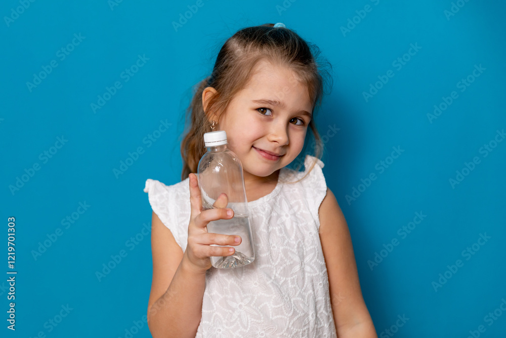 A happy little girl drinks water for health on a blue background. The child is holding a water bottle. A kid with a plastic bottle. Children's activity and energy, generation Z. body hydration concept A happy little girl drinks water for health on a blue background. The child is holding a water bottle. A kid with a plastic bottle. Children's activity and energy, generation Z. body hydration concept