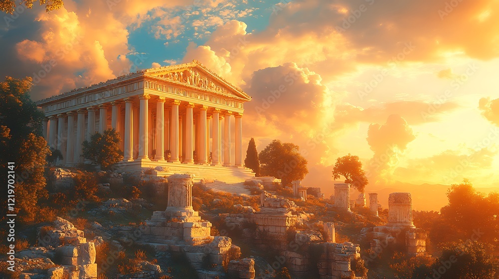 Obraz premium Golden sunset behind temple’s majestic columns high resolution image