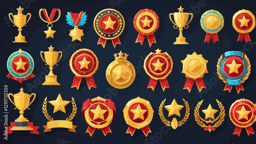 Winner golden trophy vector cup illustration kit, victory game champion badge set, crown, red ribbon. UI achievement medal icons, mobile casino app design element, shield, star. Golden trophy clipart