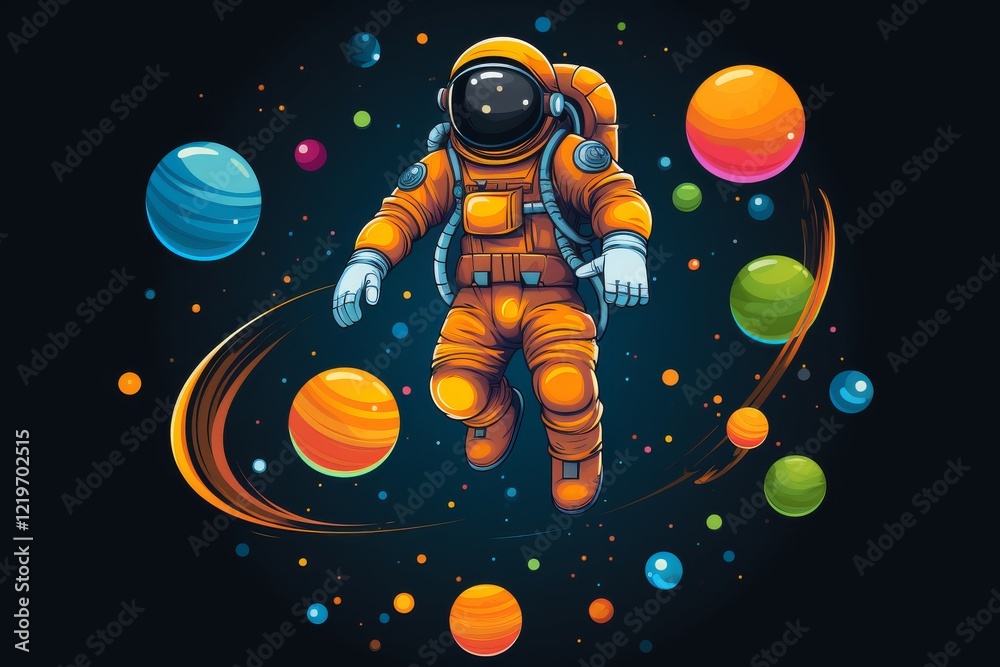 Naklejka premium Exploring vibrant space with an astronaut and colorful planets. Generative AI