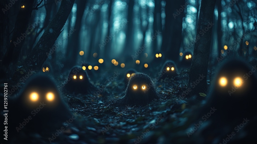 Nighttime forest with strange glowing eyes peering out from the darkness, unsettling and mysterious Nighttime forest with strange glowing eyes peering out from the darkness, unsettling and mysterious