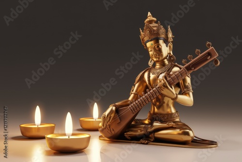 Golden statue of a deity playing a string instrument with candles in the foreground photo