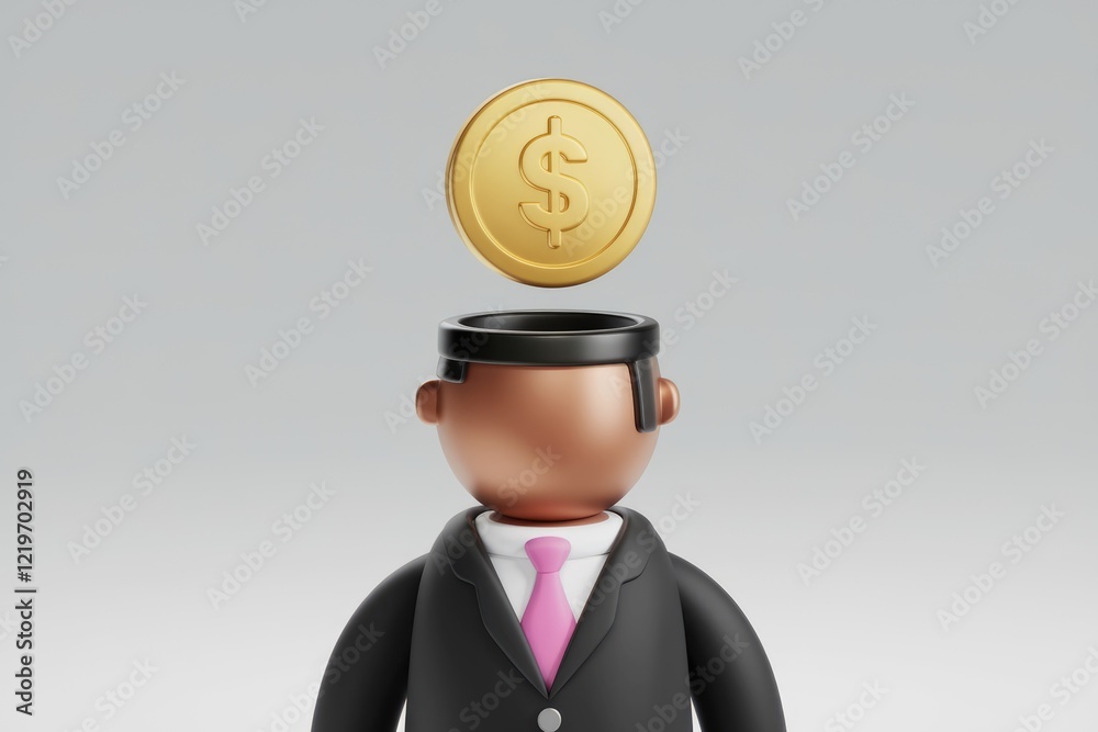 A 3D rendering of a businessman with a gold dollar coin above his open head, symbolizing financial intelligence. A 3D rendering of a businessman with a gold dollar coin above his open head, symbolizing financial intelligence.