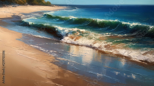 impressionism oil painting with thick impasto brush strokes of waves on a sandy beautiful beach with puffy clouds. using muted browns, blues, and white. 
