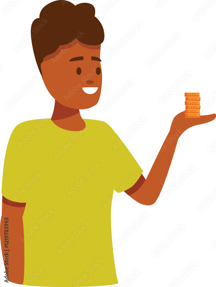 Happy boy showing his savings smiling, financial education for kids Happy boy showing his savings smiling, financial education for kids