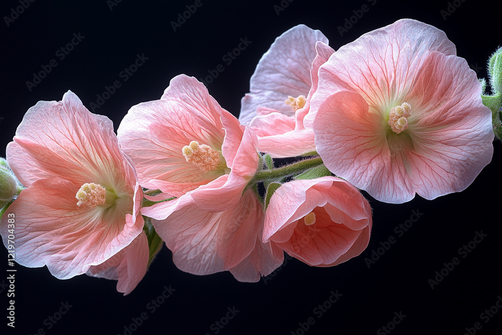 Delicate Pink Hollyhock Blossoms Against Black Background Delicate Pink Hollyhock Blossoms Against Black Background