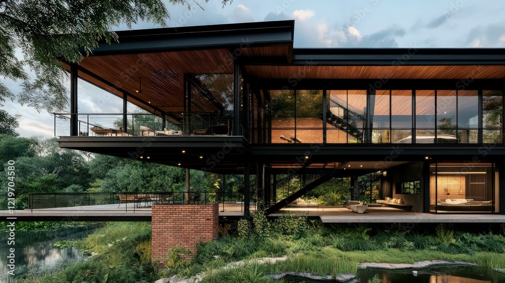 Obraz premium luxurious modern villa with sleek black and white architecture, large glass windows, elegant lighting, and premium landscaping in an upscale neighborhood