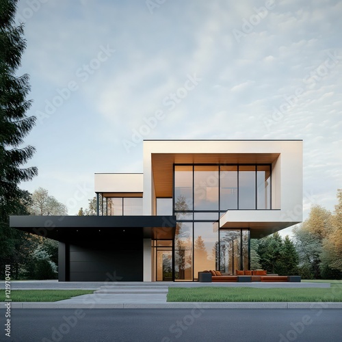 modern white villa with minimalist design, large glass windows, elegant lighting, and a spacious outdoor area creating a luxurious atmosphere